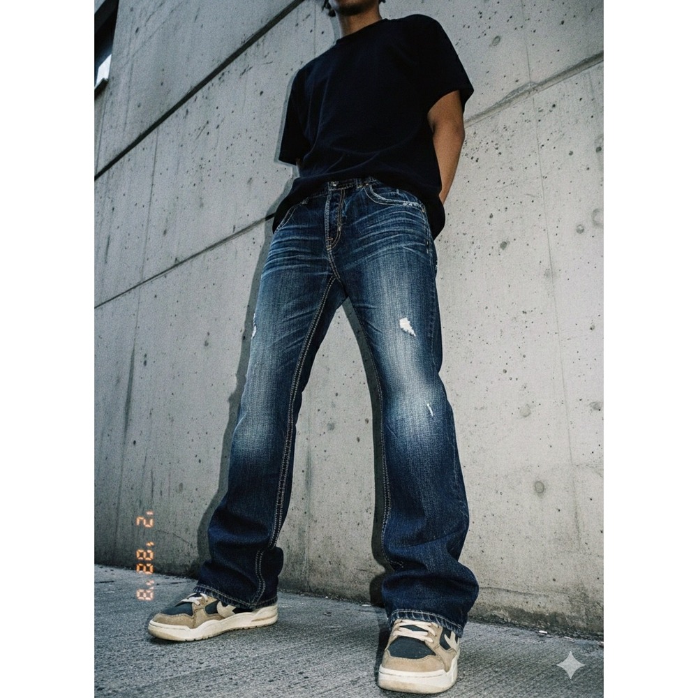 Mek Denim New York Bootcut Jeans Mens 37x30 Distressed Dark Wash Flap Pocket Y2K